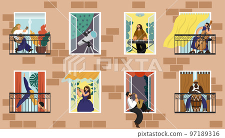 House balcony. People social distancing. Coronavirus city quarantine isolation. Family in windows. Neighbors play music in apartments. Home yoga workout. Vector flat current neighborhood illustration 97189316