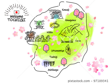 Simple line drawing illustration map of tourist spots in Tochigi prefecture in spring (green) Simple line drawing illustration map of tourist spots in Tochigi prefecture in spring (green) 97189341