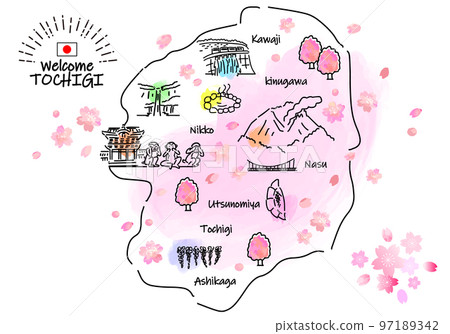 Simple line drawing illustration map of tourist spots in Tochigi prefecture in spring (pink) 97189342