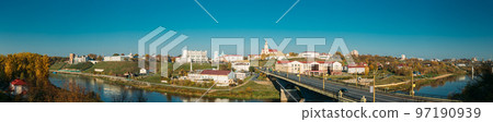 Grodno, Belarus. Grodno Regional Drama Theater And Catholic Church Of Discovery Of Holy Cross And Bernardine Monastery In Sunny Autumn Day. Panorama, Panoramic View. Skyline Cityscape Grodno, Belarus. Grodno Regional Drama Theater And Catholic Church Of Discovery Of Holy Cross And Bernardine Monastery In Sunny Autumn Day. Panorama, Panoramic View. Skyline Cityscape 97190939