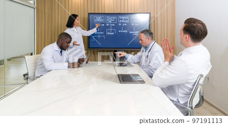 Director of various departments in the hospital attend the annual meeting. The meeting leader use a flat screen TV for presentations. Everyone have their own laptop computer. Director of various departments in the hospital attend the annual meeting. The meeting leader use a flat screen TV for presentations. Everyone have their own laptop computer. 97191113