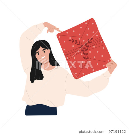Christmas, New Year celebration. Overjoyed young woman holding a gift.Holiday gift ,giveaway, love ,congratulation. 97191122