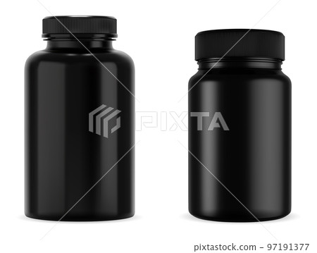 Black pill bottle with plastic cap. Glossy, isolated 3D vector mockup 97191377