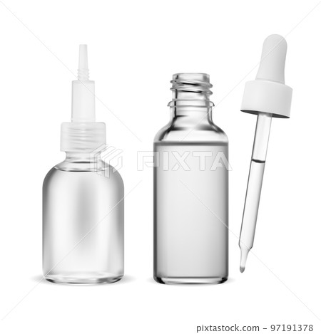 Clear glass bottle with a white cap houses a cosmetic serum 97191378
