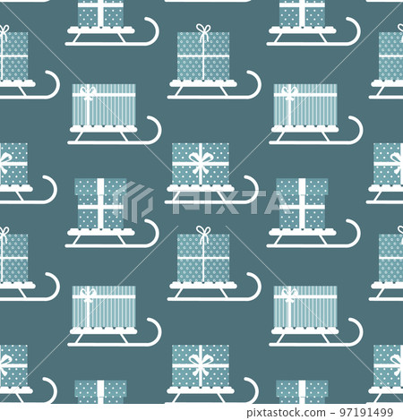 Seamless pattern, winter sleigh with gift boxes. Blue and white design. Background, textile, vector Seamless pattern, winter sleigh with gift boxes. Blue and white design. Background, textile, vector 97191499