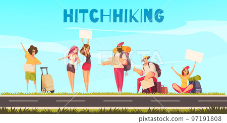 Hitchhiking Cartoon Illustration 97191808