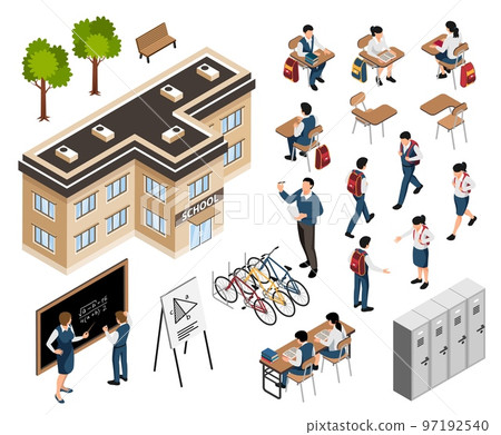 Isometric School Building Set Isometric School Building Set 97192540