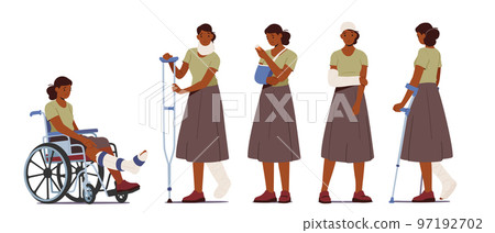 Set of Women with Fracture Isolated on White Background. Female Characters with Broken Legs and Arms Wear Bandage Set of Women with Fracture Isolated on White Background. Female Characters with Broken Legs and Arms Wear Bandage 97192702