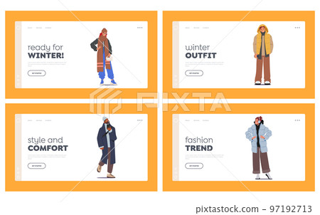 Wintertime Trends Landing Page Template. People Perform Winter Fashion Concept. Characters Wear Warm Clothes 97192713
