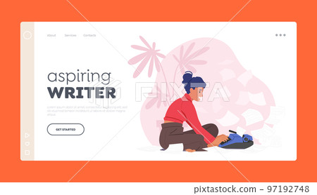 Aspiring Writer Landing Page Template. Creative Female Author or Editor Sit on Floor with Typewriter and Papers 97192748