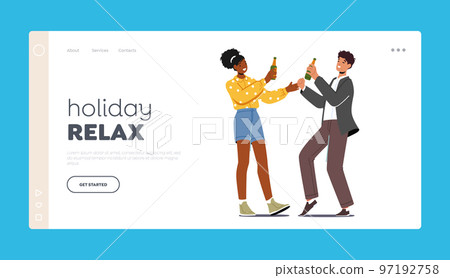 Holiday Relax Landing Page Template. Happy People Drink on Party. Friends Joy, Cheerful Employees Young Characters Holiday Relax Landing Page Template. Happy People Drink on Party. Friends Joy, Cheerful Employees Young Characters 97192758