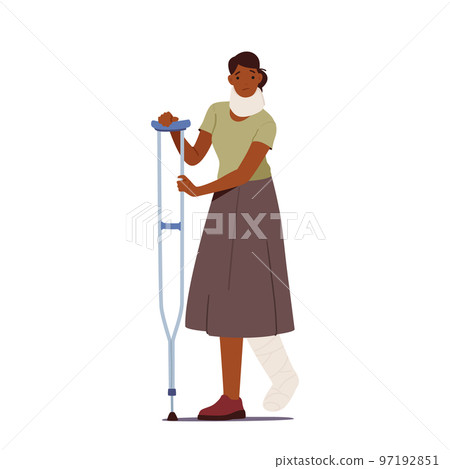 Sick Woman with Leg Fracture and Neck Injury Walk with Crutch. Injured Patient Black Female Character with Broken Foot 97192851