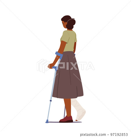 Woman with Leg Fracture Walk on Crutches Rear View Isolated on White Background. Injured Patient Female Character 97192853