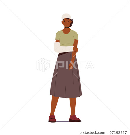 Sad Black Woman with Broken Arm and Head in Gypsum Bandage Isolated on White Background. African Female Character Sad Black Woman with Broken Arm and Head in Gypsum Bandage Isolated on White Background. African Female Character 97192857