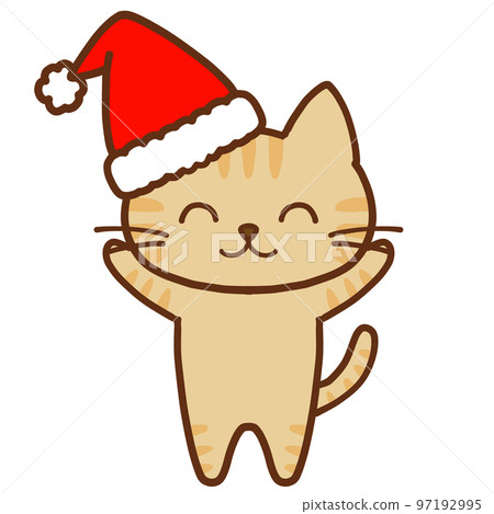Cute brown tabby cat raising both hands with a smile on Christmas Cute brown tabby cat raising both hands with a smile on Christmas 97192995