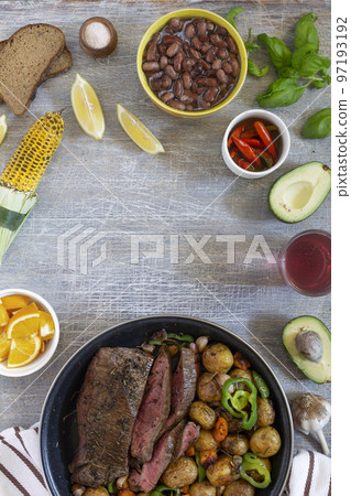 American lunch fried piece of meat and potatoes 97193192