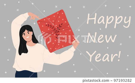 Happy New Year greeting card flat vector template.Overjoyed young woman holding a gift.Winter holiday printable banner design idea. Happy New Year greeting card flat vector template.Overjoyed young woman holding a gift.Winter holiday printable banner design idea. 97193282
