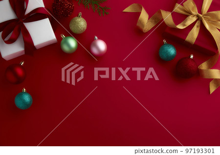 Christmas decorations on a red background 97193301