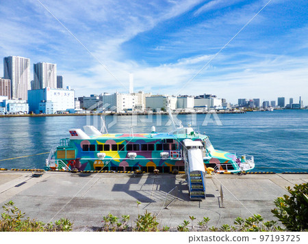 Scenery of Tokyo Port where high-speed jet ships are moored 97193725