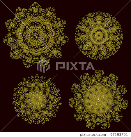 Set of Yellow Circle Geometric Ornaments. Guilloche Gold Rosettes Isolated. Ornamental Round Decor. Mandala Set 97193791