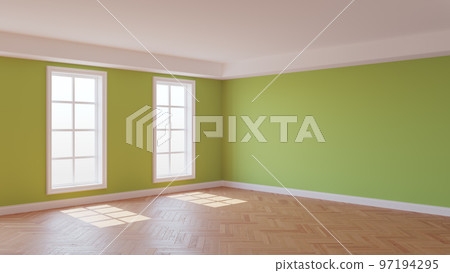 Khaki Interior with Plastered Walls, Two Windows, White Ceiling and Cornice, Glossy Herringbone Parquet Flooring and a White Plinth. Beautiful Interior Concept. 3D illustration, 8K Ultra HD, 7680x4320 97194295