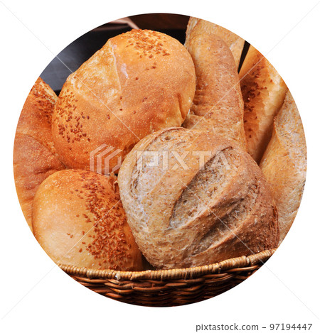 Fresh nutritious and golden colored bread homemade, in a wicker basket 97194447