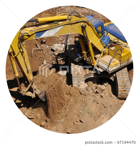 Excavator continues to work at the construction site 97194470