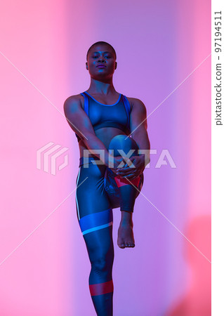 Physical Activity. Full Length Vertical Portrait Of Body Positive Young Black Female In Sports Top Bra And Leggings Posing At Studio Looking At Camera Isolated On Neon Pink Studio Background, Banner 97194511