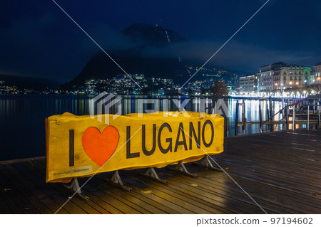 Sign I Love Lugano and embankment of Lugano. Sign I Love Lugano and embankment of Lugano. 97194602