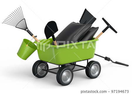 Garden wheelbarrow with garden tools like shovel, watering can and fork on white Garden wheelbarrow with garden tools like shovel, watering can and fork on white 97194673