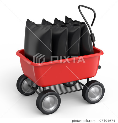 Garden wheelbarrow isolated on white background. Handcart with bags. 97194674