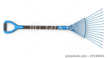 Garden rake with wooden handle for harvesting hay on white background. 97194691