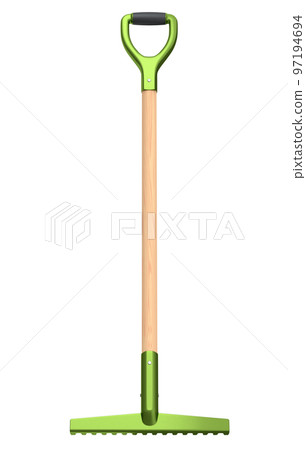 Garden rake with wooden handle for harvesting hay on white background. 97194694
