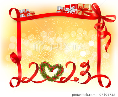 Merry Christmas and Happy New Year Background with letters 2023 made of red ribbon and branches of a Christmas tree with berries and fir cones in the shape of a heart. Vector Merry Christmas and Happy New Year Background with letters 2023 made of red ribbon and branches of a Christmas tree with berries and fir cones in the shape of a heart. Vector 97194738