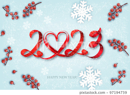 Merry Christmas and Happy New Year Background with 2023 letters and heart made from red ribbon, snowflakes and red berries. Vector Merry Christmas and Happy New Year Background with 2023 letters and heart made from red ribbon, snowflakes and red berries. Vector 97194739