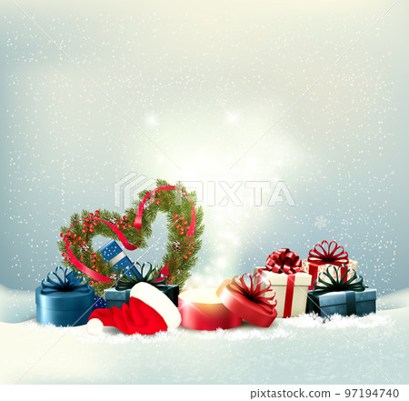 Merry Christmas and Happy New Year background with heart shaped Christmas tree branches, colorful gift boxes and a magic box. Vector Merry Christmas and Happy New Year background with heart shaped Christmas tree branches, colorful gift boxes and a magic box. Vector 97194740