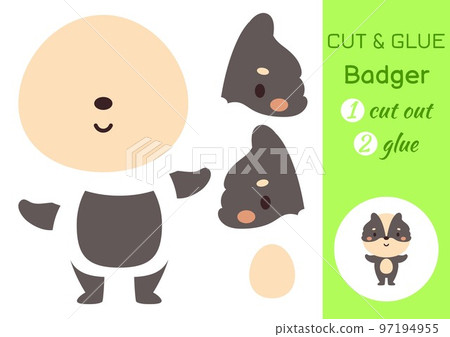 Cut and glue paper little badger. Kids crafts activity page. Educational game for preschool children. DIY worksheet. Kids art game and activities jigsaw. Vector stock illustration 97194955
