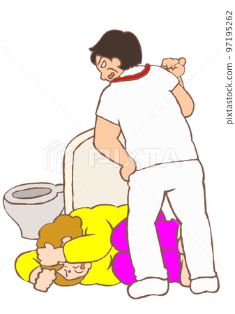 Illustration of a woman with bipolar disorder being abused and frightened by a psychiatric nurse in a shelter Illustration of a woman with bipolar disorder being abused and frightened by a psychiatric nurse in a shelter 97195262