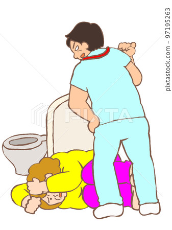 Illustration of a woman with bipolar disorder who is abused and frightened by psychiatric nursing assistants in a shelter 97195263