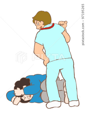 Illustration of a woman with schizophrenia who is abused and frightened by psychiatric nursing assistant staff Illustration of a woman with schizophrenia who is abused and frightened by psychiatric nursing assistant staff 97195265