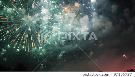 Green Firework celebrate anniversary happy new year 2023, 4th of july holiday festival. Green firework in night time celebrate national holiday. Countdown to new year 2023 festival party time event Green Firework celebrate anniversary happy new year 2023, 4th of july holiday festival. Green firework in night time celebrate national holiday. Countdown to new year 2023 festival party time event 97195727