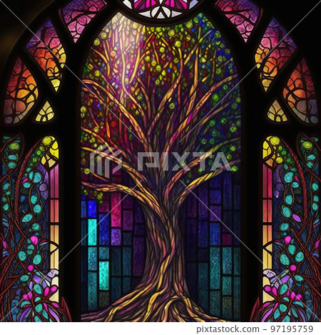 Stained glass style with colorful magic tree. Arch stained glass window. Generative AI. Not based on any actual scene or pattern Stained glass style with colorful magic tree. Arch stained glass window. Generative AI. Not based on any actual scene or pattern 97195759