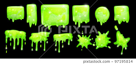 Slime vector frame set, green 3D jelly liquid toxic cartoon dripping mucus Halloween splat kit. Slime vector frame set, green 3D jelly liquid toxic cartoon dripping mucus Halloween splat kit. 97195814