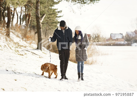 People walks outside. Winter day. African couple with dog. 97195887
