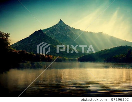 在山附近的暮色湖風景 在山附近的暮色湖風景 97196302