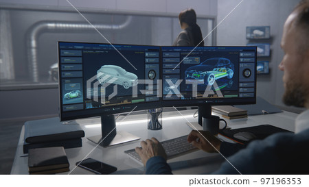 Engineers testing the aerodynamic properties of a car in a laboratory 97196353