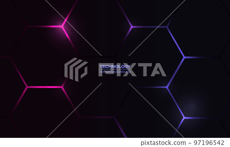 Dark hexagon abstract technology background with pink and blue colored bright flashes 97196542