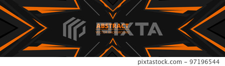 Black abstract wide horizontal banner with orange and gray lines and shapes. 97196544
