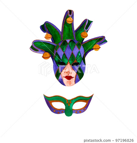 mardi gras two mask purple green watercolor on isolated white background, hand drawn. Perfect for card design, invitation, scrapbooking, fabric printing. mardi gras two mask purple green watercolor on isolated white background, hand drawn. Perfect for card design, invitation, scrapbooking, fabric printing. 97196826