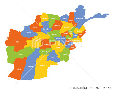 Colorful political map of Afghanistan. Administrative divisions - provinces. Simple flat vector map with labels. Colorful political map of Afghanistan. Administrative divisions - provinces. Simple flat vector map with labels. 97196868